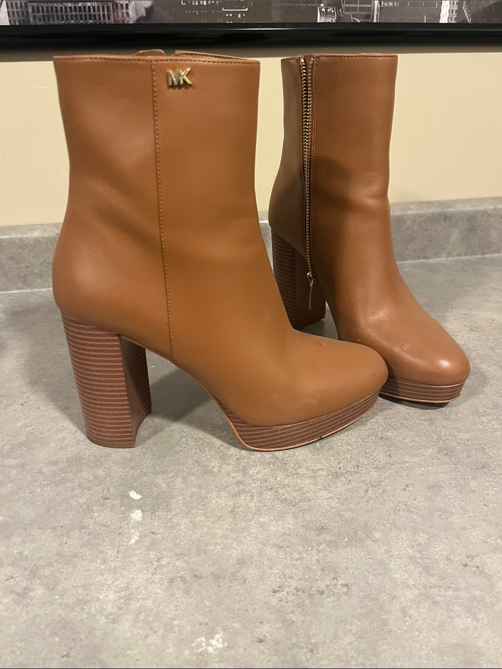 MICHAEL KORS Cognac Platform Block Heel Ankle Boots